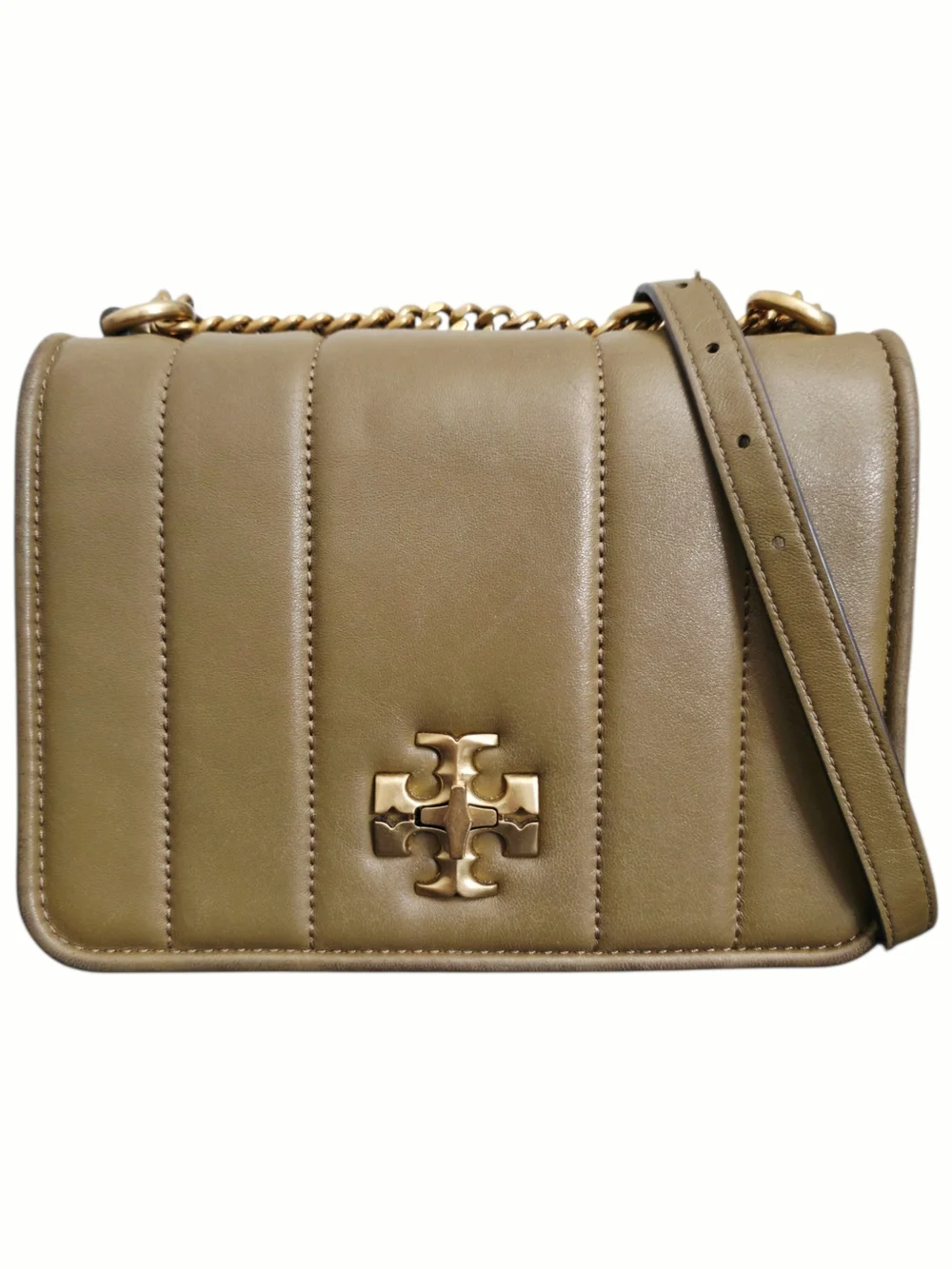 Tory Burch Kira Chain Shoulder Bag Toasted Sesame Rolled Gold Leather Crossbody